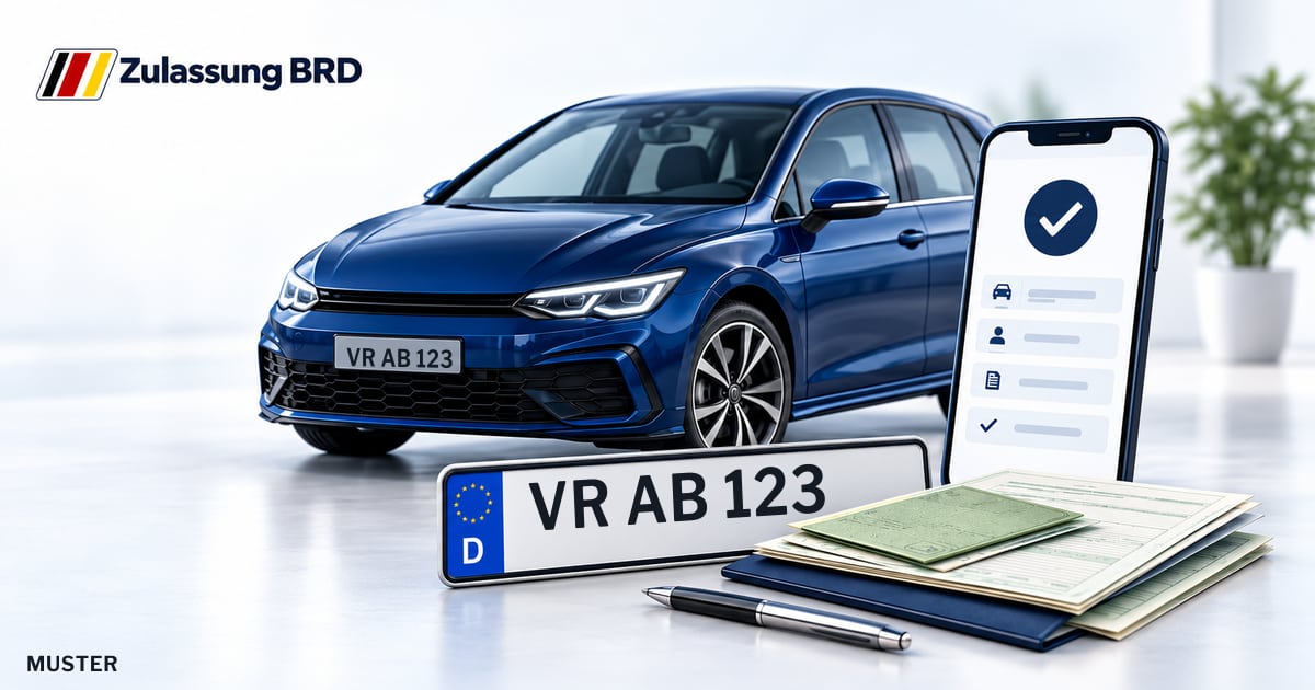 Online Fahrzeugzulassung in Landkreis Vorpommern-Rügen: Musterkennzeichen VR AB 123, Auto und Fahrzeugpapiere und Smartphone. Illustration mit Logo von Zulassung BRD.
